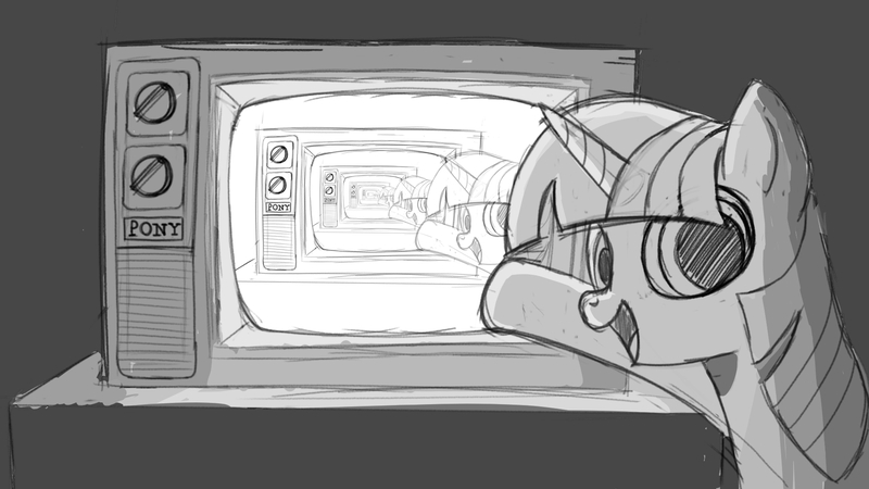 Size: 1920x1080 | Tagged: safe, artist:zodiacx10, derpibooru import, twilight sparkle, pony, droste effect, image, jpeg, monochrome, open mouth, open smile, recursion, sketch, smiling, solo, television