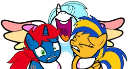 Size: 969x526 | Tagged: safe, artist:noikincade67, derpibooru import, oc, oc:flare spark, oc:jemima sparkle, oc:train track, unofficial characters only, alicorn, pegasus, pony, unicorn, eyes closed, group hug, hug, image, open mouth, png, simple background, smiling, spread wings, transparent background, wings