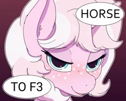 Size: 2071x1667 | Tagged: safe, artist:marshmallowfluff, derpibooru import, edit, oc, oc:marshmallow fluff, unofficial characters only, pony, unicorn, bedroom eyes, blushing, bust, chess, chess meme, freckles, horn, horse to f3, image, jpeg, meme, portrait, solo, speech bubble, talking, text, unicorn oc