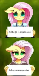 Size: 512x986 | Tagged: suggestive, derpibooru import, machine learning generated, fluttershy, anthro, blurry background, blushing, clothes, eager, funny, holding sign, humor, image, meme, png, shirt, solo, tired