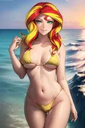 Size: 1024x1536 | Tagged: suggestive, derpibooru import, editor:sammykun, machine learning generated, sunset shimmer, human, ai content, beach, bedroom eyes, belly button, bikini, breasts, busty sunset shimmer, clothes, cloud, cloudy, female, humanized, image, long hair, looking at you, ocean, png, prompter:sammykun, seductive, sexy, smiling, solo, solo female, stupid sexy sunset shimmer, sun, swimsuit, water, wide hips