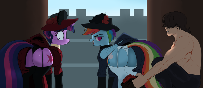 Size: 3509x1532 | Tagged: questionable, artist:_ton618_, rainbow dash, twilight sparkle, human, pegasus, pony, unicorn, art pack:forbidden knowledge, alleyway, butt, clothes, dress, faic, flower, hat, image, looking back, panties, plot, png, smug, smugdash, sweat, tail wrap, underwear, unicorn twilight, victorian, worried