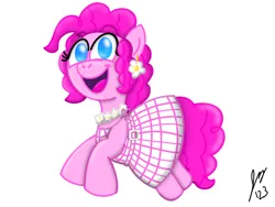 Size: 2160x1620 | Tagged: safe, artist:jesslmc16, derpibooru import, daisy, flower wishes, pinkie pie, earth pony, pony, friendship is magic, barbie, belt buckle, clothes, daisy (flower), digital, digital art, dress, female, floating, floral necklace, flower, full body, g4, image, jumping, looking at you, mare, pink, png, procreate app, smiling, smiling at you