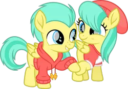 Size: 6867x4809 | Tagged: safe, artist:starryshineviolet, derpibooru import, barley barrel, pickle barrel, pegasus, pony, rainbow roadtrip, absurd resolution, barrel twins, brother and sister, clothes, colt, cute, duo, female, filly, foal, hat, hoodie, hoofbump, image, looking at each other, looking at someone, male, png, shirt, siblings, simple background, t-shirt, transparent background, twins, vector