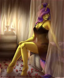 Size: 1200x1458 | Tagged: suggestive, artist:szkar, derpibooru import, oc, oc:tulipan, anthro, unicorn, babydoll, bed, bedroom, black underwear, breasts, candle, cleavage, clothes, curtains, flower petals, hair over one eye, horn, image, lingerie, looking at you, nightgown, on bed, one eye covered, png, seductive, sitting, sitting on bed, underwear, unicorn oc