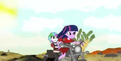 Size: 1491x751 | Tagged: safe, artist:minecake, derpibooru import, twilight sparkle, oc, oc:cake sparkle, equestria girls, canon x oc, desert, fallout, fallout: new vegas, image, motorcycle, png, shipping, shock collar, wasteland