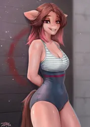 Size: 1498x2100 | Tagged: safe, artist:dacsy, derpibooru import, oc, oc:naga, anthro, clothes, image, one-piece swimsuit, pink skin, png, solo, swimsuit