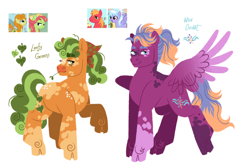 Size: 3015x2084 | Tagged: safe, artist:fizzmitz, derpibooru import, big macintosh, carrot top, cloudchaser, golden harvest, tree hugger, oc, oc:leafy greens, oc:wind currant, earth pony, pegasus, pony, alternate design, cloven hooves, coat markings, female, image, magical lesbian spawn, male, mare, offspring, one wing out, parent:big macintosh, parent:carrot top, parent:cloudchaser, parent:tree hugger, png, screencap reference, simple background, stallion, straw in mouth, transparent background, twitterina design, wings