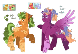 Size: 3015x2084 | Tagged: safe, artist:fizzmitz, derpibooru import, big macintosh, carrot top, cloudchaser, golden harvest, tree hugger, oc, oc:leafy greens, oc:wind currant, earth pony, pegasus, pony, alternate design, cloven hooves, coat markings, female, image, magical lesbian spawn, male, mare, offspring, one wing out, parent:big macintosh, parent:carrot top, parent:cloudchaser, parent:tree hugger, png, screencap reference, simple background, stallion, straw in mouth, transparent background, twitterina design, wings