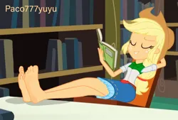 Size: 1074x728 | Tagged: safe, derpibooru import, applejack, human, equestria girls, barefoot, big feet, boots, clothes, eyes closed, feet, feet up, female, fetish, foot fetish, foot focus, hat, image, jpeg, library, relaxing, shoes, soles, solo