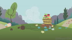 Size: 520x293 | Tagged: safe, derpibooru import, screencap, fluttershy, pegasus, pony, swarm of the century, amputee, animated, bucket, bucket of apples, flower, gif, hiding, image, meadow, scared, solo, startled