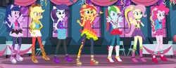 Size: 6960x2705 | Tagged: safe, artist:machakar52, derpibooru import, applejack, fluttershy, pinkie pie, rainbow dash, rarity, sunset shimmer, twilight sparkle, twilight sparkle (alicorn), alicorn, human, equestria girls, rainbow rocks, boots, clothes, cowboy hat, crossed arms, gloves, hand on hip, hands behind back, hat, headband, high heel boots, high heels, image, multicolored hair, open mouth, open smile, pegasus wings, png, ponied up, rainbow hair, sandals, shoes, smiling, wings