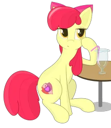 Size: 3680x4261 | Tagged: safe, artist:modera, derpibooru import, apple bloom, earth pony, pony, ambiguous age, cutie mark, empty glass, hoof on cheek, image, png, simple background, sitting, solo, straw, the cmc's cutie marks, transparent background