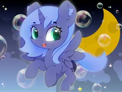 Size: 4000x3000 | Tagged: safe, artist:zokkili, derpibooru import, princess luna, alicorn, pony, beanbrows, bubble, cute, ear fluff, eyebrows, eyebrows visible through hair, female, filly, foal, high res, horn, image, jpeg, looking at you, lunabetes, moon, open mouth, open smile, signature, smiling, smiling at you, solo, spread wings, stars, wings, woona, younger