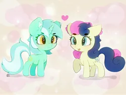 Size: 4000x3000 | Tagged: safe, artist:zokkili, derpibooru import, bon bon, lyra heartstrings, sweetie drops, earth pony, pony, unicorn, adorabon, beanbrows, chibi, cute, duo, duo female, ear fluff, eyebrows, eyebrows visible through hair, female, heart, heart eyes, high res, horn, image, jpeg, lesbian, looking at each other, looking at someone, lyrabetes, lyrabon, mare, open mouth, open smile, raised hoof, shipping, signature, smiling, wingding eyes