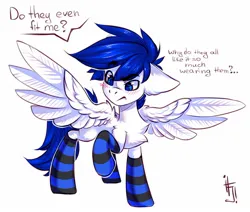 Size: 1600x1357 | Tagged: safe, artist:falafeljake, derpibooru import, oc, unofficial characters only, pegasus, pony, blushing, chest fluff, clothes, commission, eyebrows, eyebrows visible through hair, floppy ears, image, jpeg, male, monologue, pegasus oc, raised hoof, signature, simple background, socks, solo, spread wings, stallion, striped socks, talking, white background, wings