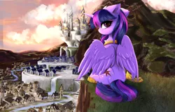 Size: 4893x3154 | Tagged: safe, artist:empress-twilight, derpibooru import, twilight sparkle, twilight sparkle (alicorn), alicorn, pony, canterlot, canterlot castle, eyebrows, eyebrows visible through hair, female, grass, high res, horn, house, houses, image, jewelry, looking at you, looking back, looking back at you, mare, partially open wings, peytral, png, regalia, scenery, scenery porn, sitting, sky, solo, water, waterfall, wings