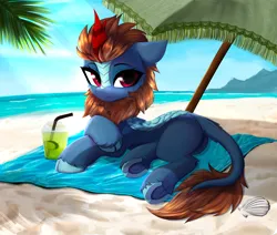 Size: 3340x2826 | Tagged: safe, artist:empress-twilight, derpibooru import, oc, unofficial characters only, kirin, beach, beach umbrella, drink, eyebrows, female, high res, image, kirin oc, looking at you, lying down, outdoors, png, seashell, shell, sky, smiling, smiling at you, solo, umbrella, underhoof, unshorn fetlocks, water