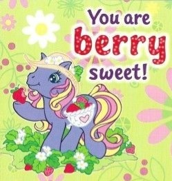 Size: 249x263 | Tagged: safe, derpibooru import, official, earth pony, pony, g3, basket, berry, bumbleberry, card, eating, flower, food, hat, image, jpeg, saddle basket, solo, strawberry, sun hat, valentine's day card