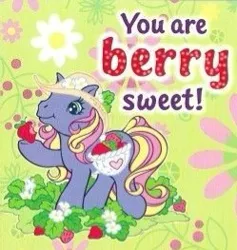 Size: 249x263 | Tagged: safe, derpibooru import, official, earth pony, pony, g3, basket, berry, bumbleberry, card, eating, flower, food, hat, image, jpeg, saddle basket, solo, strawberry, sun hat, valentine's day card