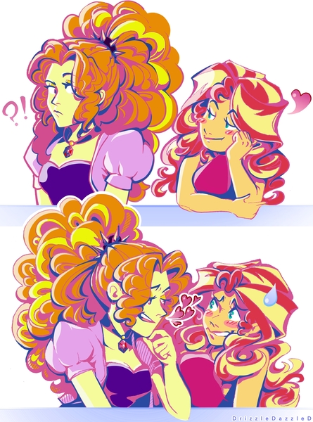 Size: 1482x2000 | Tagged: safe, artist:drizzledazzle, derpibooru import, adagio dazzle, sunset shimmer, human, equestria girls, blushing, crush, female, flirting, humanized, image, jpeg, lesbian, shipping, sunsagio