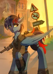 Size: 1828x2560 | Tagged: safe, artist:chamommile, derpibooru import, oc, oc:dawn chaser, unofficial characters only, original species, pegasus, pony, fallout equestria, ammunition, armor, blue skin, brown eyes, cigarette, clothes, commission, fallout, full body, gun, image, looking back, male, pegasus oc, png, pointer, rifle, smoking, solo, uniform, walking, weapon, wings, ych result