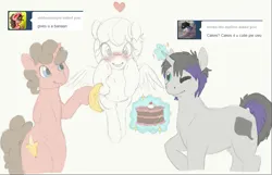 Size: 1001x643 | Tagged: safe, artist:asknursenimble, derpibooru import, oc, oc:banana pie, oc:nurse nimble, oc:strobe, pegasus, pony, banana, blushing, cake, food, image, male, png, stallion, tumblr:ask nurse nimble