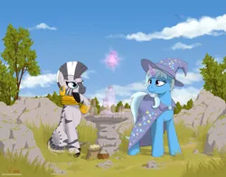 Size: 2173x1701 | Tagged: safe, artist:eriada, derpibooru import, trixie, zecora, unicorn, zebra, alternate hairstyle, bottle, cape, clothes, ear piercing, earring, hat, image, jewelry, levitation, magic, piercing, png, telekinesis, trixie's cape, trixie's hat