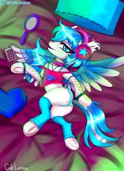 Size: 2000x2760 | Tagged: suggestive, artist:cali luminos, derpibooru import, pegasus, 80s, cable, christmas, christmas stocking, collar, commission, compact cassette, cute, feral, headphones, holiday, image, jpeg, vaporwave, your character here