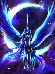 Size: 1500x2000 | Tagged: safe, artist:kreativpony, derpibooru import, princess luna, alicorn, pony, beautiful, crown, ethereal mane, ethereal tail, female, glow, glowing horn, hoof shoes, horn, image, jewelry, jpeg, large wings, long horn, long mane, mare, moon, peytral, princess shoes, regalia, signature, solo, spread wings, starry mane, starry tail, sternocleidomastoid, tail, wings