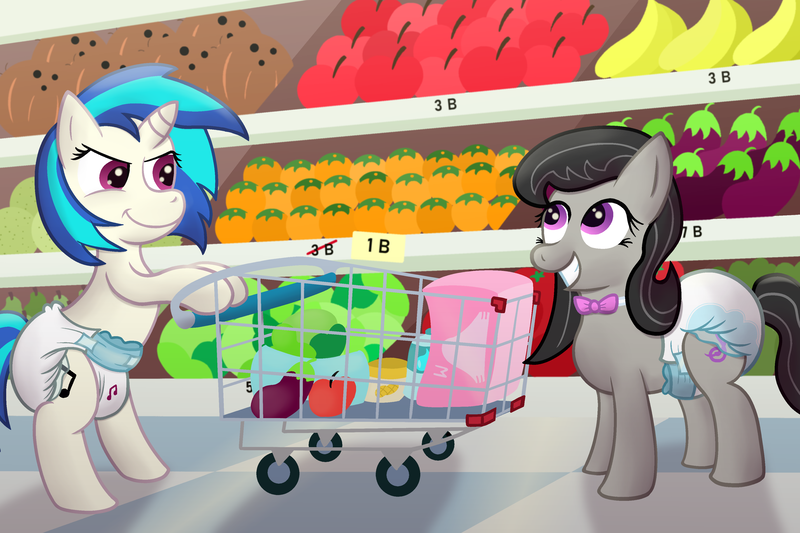 Size: 3400x2264 | Tagged: questionable, artist:sweetielover, derpibooru import, octavia melody, vinyl scratch, earth pony, pony, unicorn, apple, banana, bottle, cart, coconut, diaper, diaper fetish, diaper package, duo, eggplant, female, fetish, food, groceries, high res, image, lettuce, orange, peanut butter, pear, png, shopping, supermarket, water bottle