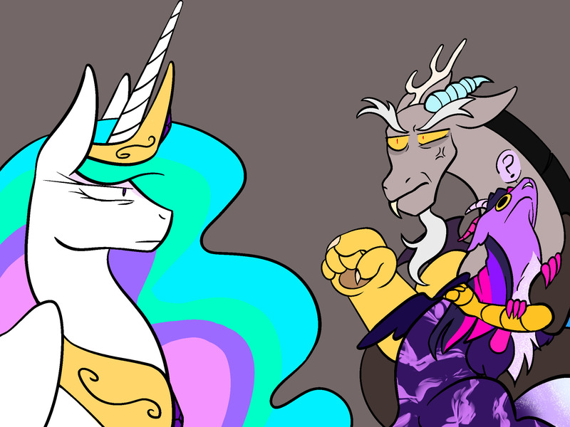 Size: 2048x1536 | Tagged: safe, artist:violet-rose, derpibooru import, discord, princess celestia, twilight sparkle, twilight sparkle (alicorn), alicorn, draconequus, alternate universe, celestia is not amused, crown, discolight, draconequified, eyes closed, female, gray background, image, implied discolight, implied twicord, jewelry, jpeg, male, obsessed, question mark, regalia, shipping, simple background, snaggletooth, species swap, straight, twikonequus, unamused