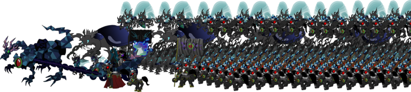 Size: 4498x1014 | Tagged: safe, artist:unoservix, derpibooru import, king sombra, queen chrysalis, changeling, changeling behemoth, changeling queen, crystal pony, dragon, earth pony, pegasus, pony, unicorn, armor, army, changeling guard, chariot, chrysombra, crystal, crystal dragon, crystallized, dark crystal, female, fire, flag, helmet, image, male, mind control, png, red eyes, shipping, simple background, sombra soldier, sombralis, spear, stallion, straight, transparent background, weapon