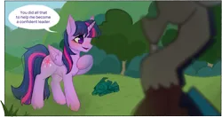 Size: 2951x1558 | Tagged: safe, artist:daffolyn, derpibooru import, part of a set, discord, twilight sparkle, twilight sparkle (alicorn), alicorn, comic:discordant intentions, the ending of the end, blushing, comic, commissioner:zcord, grass, high res, hoof on chest, image, offscreen character, outdoors, part of a series, png, twilight day