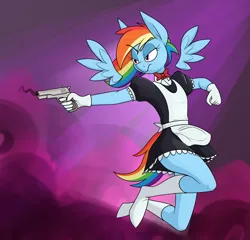 Size: 2220x2130 | Tagged: safe, alternate version, artist:moonatik, derpibooru import, rainbow dash, anthro, pegasus, pony, unguligrade anthro, abstract background, alternate hairstyle, apron, bowtie, clothes, female, gloves, image, m1911, maid, mare, png, ponytail, rainbow maid, smoke, socks, solo, wings
