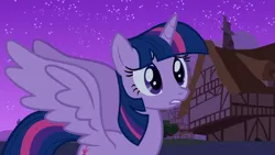 Size: 1333x750 | Tagged: safe, derpibooru import, screencap, twilight sparkle, twilight sparkle (alicorn), alicorn, magical mystery cure, season 3, alicorn wings, image, large wings, night, png, spread wings, wings, worried