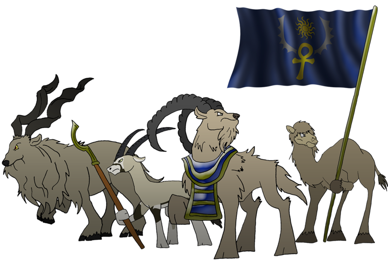 Size: 1442x999 | Tagged: safe, artist:unoservix, derpibooru import, oc, unofficial characters only, camel, goat, original species, oryx, dromedary, flag, group, hoof hold, ibex, image, markhor, non-pony oc, png, quartet, simple background, spear, transparent background, weapon