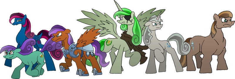 Size: 1788x602 | Tagged: safe, artist:unoservix, derpibooru import, oc, oc:prince emerald, unofficial characters only, alicorn, crystal pony, earth pony, pegasus, pony, unicorn, alicorn oc, armor, clothes, crystal guard, crystal guard armor, eyepatch, female, hoof shoes, horn, image, male, mare, png, raised hoof, scarf, simple background, stallion, transparent background, wings