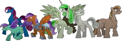 Size: 1788x602 | Tagged: safe, artist:unoservix, derpibooru import, oc, oc:prince emerald, unofficial characters only, alicorn, crystal pony, earth pony, pegasus, pony, unicorn, alicorn oc, armor, clothes, crystal guard, crystal guard armor, eyepatch, female, hoof shoes, horn, image, male, mare, png, raised hoof, scarf, simple background, stallion, transparent background, wings