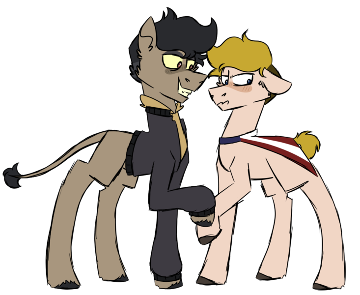 Size: 1100x900 | Tagged: safe, artist:fuckomcfuck, derpibooru import, oc, oc:pog champ, oc:stars and stripes, earth pony, pony, blushing, cape, clothes, embarrassed, fangs, flustered, gay, hoodie, image, jacket, male, oc x oc, png, shipping, simple background, smug, transparent background