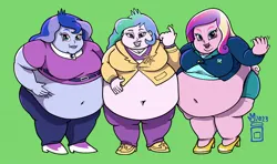 Size: 2000x1180 | Tagged: suggestive, artist:royaljellysandwich, derpibooru import, princess cadance, princess celestia, princess luna, human, equestria girls, bbw, beckoning, belly, belly button, big belly, commission, dean cadance, fat, female, green background, huge belly, image, jpeg, morbidly obese, obese, principal celestia, simple background, ssbbw, trio, trio female, vice principal luna