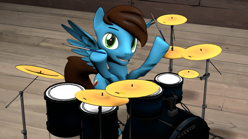 Size: 1920x1080 | Tagged: safe, derpibooru import, oc, oc:drumstick pony, unofficial characters only, pegasus, pony, 3d, drum kit, drums, drumsticks, hoof hold, image, male, musical instrument, png, sitting, solo, source filmmaker, stallion