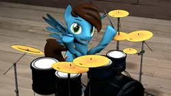 Size: 1920x1080 | Tagged: safe, derpibooru import, oc, oc:drumstick pony, unofficial characters only, pegasus, pony, 3d, drum kit, drums, drumsticks, hoof hold, image, male, musical instrument, png, sitting, solo, source filmmaker, stallion