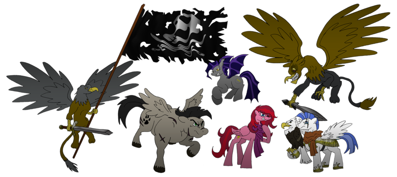 Size: 1954x875 | Tagged: safe, artist:unoservix, derpibooru import, oc, unofficial characters only, bald eagle, bat pony, bird, eagle, gryphon, pegasus, pony, armor, clothes, eye scar, facial scar, female, flag, flying, hoof shoes, image, jolly roger, male, mare, pirate, png, royal guard armor, scar, scarf, simple background, stallion, sword, transparent background, weapon