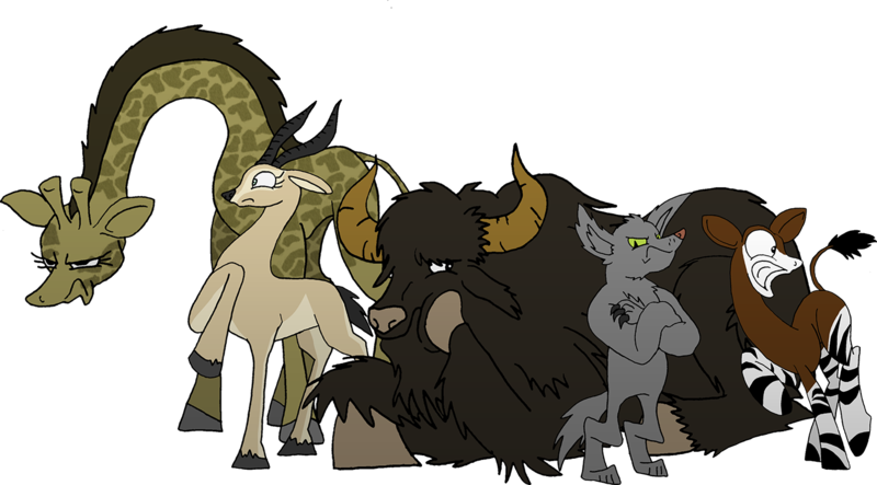 Size: 1428x790 | Tagged: safe, artist:unoservix, derpibooru import, oc, unofficial characters only, antelope, diamond dog, giraffe, okapi, yak, cloven hooves, crossed arms, group, head down, hoof on cheek, image, lying down, png, quintet, raised hoof, simple background, transparent background