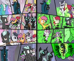 Size: 3800x3100 | Tagged: safe, artist:loverashley, derpibooru import, apple bloom, princess celestia, queen chrysalis, rumble, scootaloo, spike, sweetie belle, changeling, changeling queen, dragon, pony, changeling slime, changelingified, cocoon, comic, cutie mark crusaders, female, filly, foal, glow, glowing horn, helmet, horn, image, male, mare, png, scared, species swap, stallion, transformation