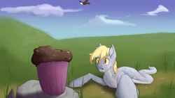 Size: 3840x2160 | Tagged: safe, artist:dvfrost, derpibooru import, derpy hooves, bird, eagle, lamia, original species, snake, snake pony, cloud, comic, commission, cute, drool, female, field, flying, food, grass, hungry, image, lamiafied, muffin, png, predator, rock, sky, slit pupils, snerpy, species swap, splotches, spread wings, tail, tongue out, wings