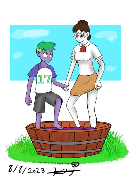 Size: 1200x1600 | Tagged: safe, artist:helsaabi, derpibooru import, raven, spike, dragon, human, unicorn, alcohol, clothes, cute, duo, feet, female, food, glasses, grapes, hair bun, height difference, holding hands, humanized, image, jpeg, legs, looking at someone, looking down, male, necktie, pressing grapes, ravenbetes, ravenspike, request, secretary, shipping, shirt, shorts, skirt, skirt lift, spikabetes, straight, t-shirt, wine, wine making
