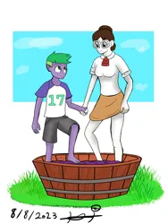Size: 1200x1600 | Tagged: safe, artist:helsaabi, derpibooru import, raven, spike, dragon, human, unicorn, alcohol, clothes, cute, duo, feet, female, food, glasses, grapes, hair bun, height difference, holding hands, humanized, image, jpeg, legs, looking at someone, looking down, male, necktie, pressing grapes, ravenbetes, ravenspike, request, secretary, shipping, shirt, shorts, skirt, skirt lift, spikabetes, straight, t-shirt, wine, wine making