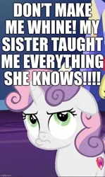 Size: 557x934 | Tagged: safe, derpibooru import, edit, edited screencap, screencap, sweetie belle, growing up is hard to do, caption, cropped, image, image macro, implied rarity, jpeg, pouting, pouty lips, sweetie belle is not amused, text, unamused, whining